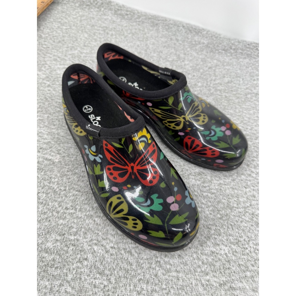 Sloggers Rain Clogs Size 8 Black Multi Butterfly Floral Waterproof Slip On Shoes
